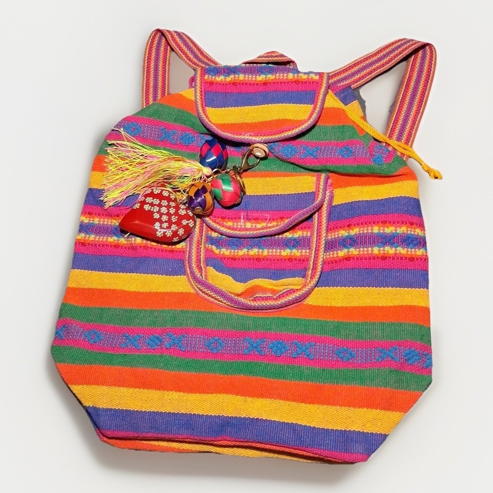 Handmade Rainbow Striped Woven Backpack Boho Festival Bag with Heart Charm